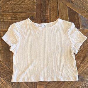 Bar III Cream Ribbed Short Sleeve Crop Top | Trendy Minimalist